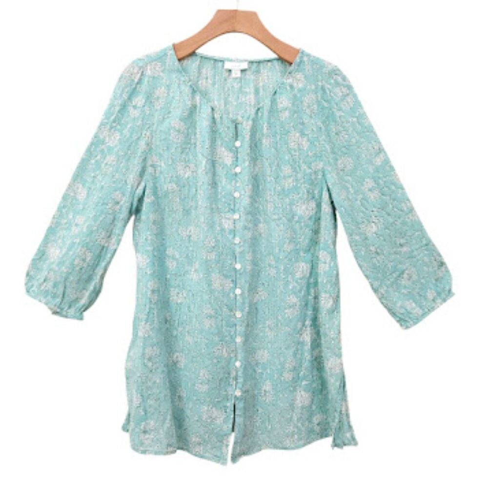 Pure Jill J Jill Tunic Top Womens Medium Green Floral Cotton Lagenlook Boho